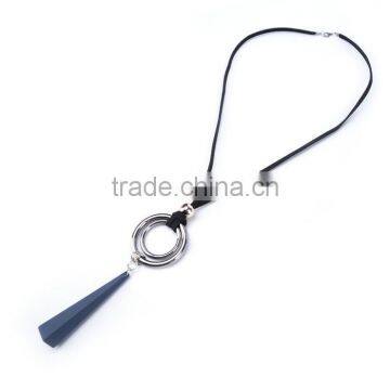 Silver Double Hoops Geometric Rubber Pendant Necklace Suede Velvet Leather Necklace Geometric Long Sweater Necklace