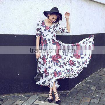 Women long sleeve floral print full length chiffon long maxi dress