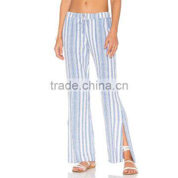 Cotton Blend Striped Drawstring Trousers Ladies Side Slit Lounge Pants photo-5