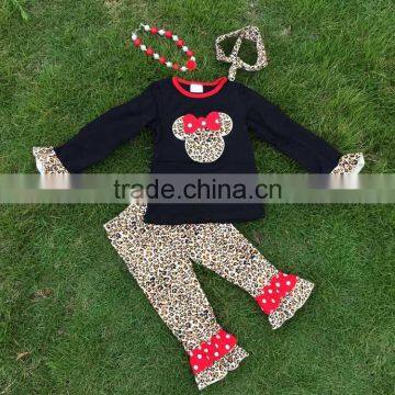 new arrival FALL OUTFITS kids Leopard grain minnie top sets girls ruffle pant sets girls boutique with necklace and headband