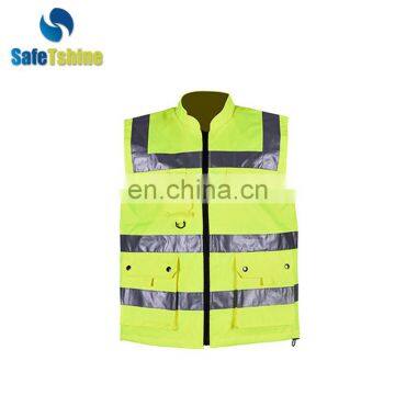 Ansi standard safety reflective fluorescent yellow safety vest with pockets