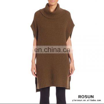 Women ribbed Chunky turtleneck Elbow sleeves pullover poncho