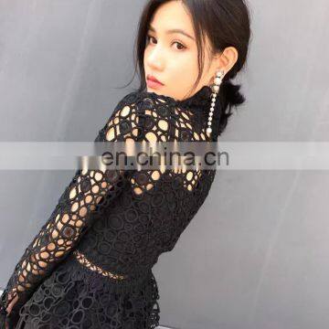 Ladies Formal Wear Women Long Sleeve Black Pelpum Lace Turtleneck Dresses photo-5