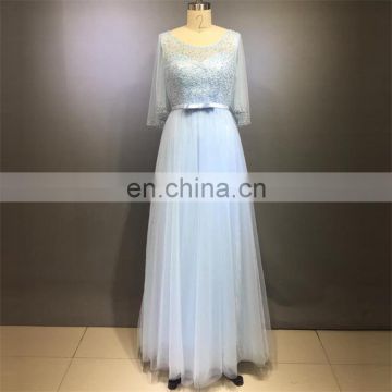 2017 Free Shipping Prom Dresses Scoop Neck Half Sleeves Tulle A Line Evening Gowns Hot Sale