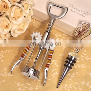 Murano Swirl Gold and White Bottle Stopper and Opener Set