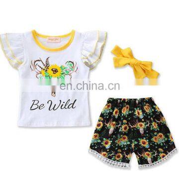 Baby infant Clothing Set Kids Summer Clothes Deer Cow Ruffles Tops T-shirt Sunflower Tassel Shorts Toddler Outfit