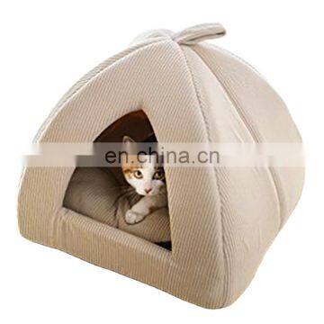 Wholesale Corduroy Folding Pet Bed Comfortable Cat Bed Cave Indoor Cat House Bed