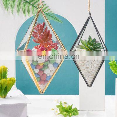 Geometric Polygon Greenhouse Glass Box Wall-mounted Decorations Hanging Flower House Rhombus Copper Frame Glass Handicraft