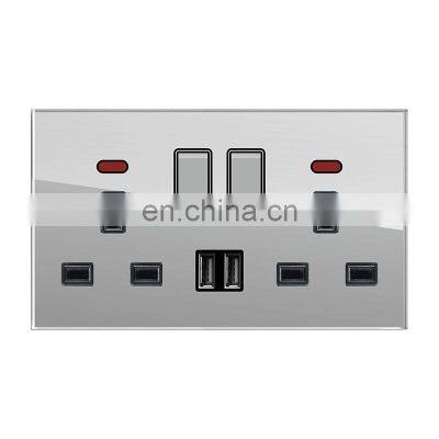 UK Standard 6-pin Dual Switch Wall Socket With Light+2USB 146mm*86mm Tempered Glass Panel  Socketes and Switches Electrical 13A