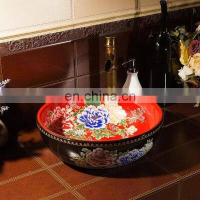 Oriental Hand Painted Pink Ceramic Porcelain Basin Sink For Hotel Toilet