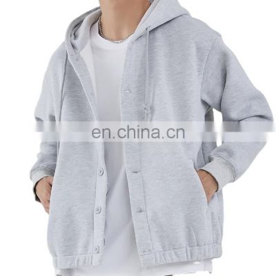 high quality solid color thick cotton fabric custom full button plain hoodies for men clothing