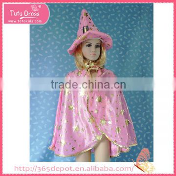 Pink witch costume with a high cap gauze dress halloween costume with gold stars pattern