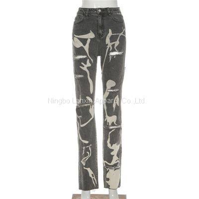 Womens Graphic Print Ripped Distressed Jeans Grey High Waist Y2K Straight Leg Denim Pants photo-3