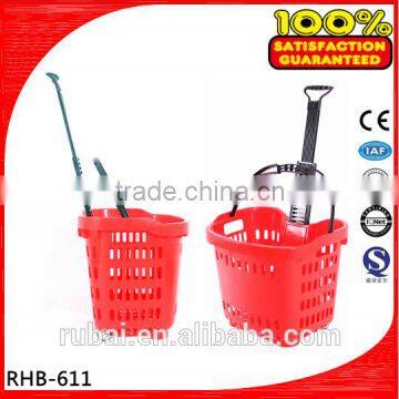 Retail grocery plastic shopping baskets with wheels