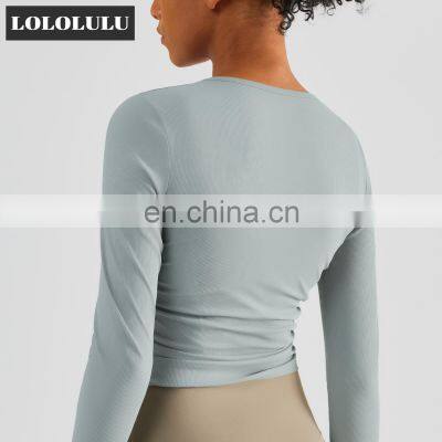 Ribbed Side Folding Yoga Tight Tshirts Factory Sale Women Long Sleeve Outdoor Sports Tops photo-2