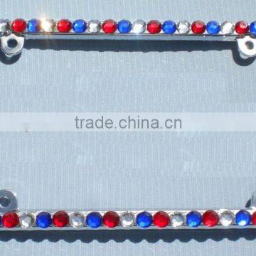 BIG USA Red Blue and Clear Crystal Rhinestone Sparkle Bling License Plate Frame Car Screws and Caps