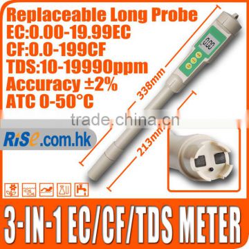 Waterproof Tester with Long Probe 19990 ppm Aquarium 3-in-1 EC CF TDS Meter