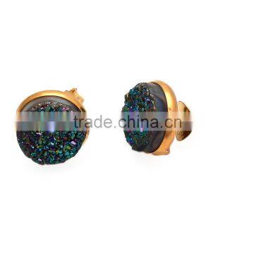 The Gopali Jewellers Round Studs Green Druzy Gemstone Earring Vermeil Gold earring Women Studs Earring Jewelry