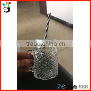 Brand New Style Round Shape Clear Drinkingware Glass Patterned Mason Jar With Lid & Straw