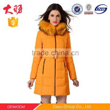 Yellow color mid-long real raccoon fur winter clothes down padded jacket ladies garment manufacturer