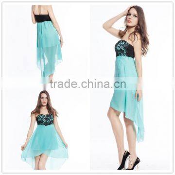 Hot wholesale short in front long back sexy sky blue no shoulder dress