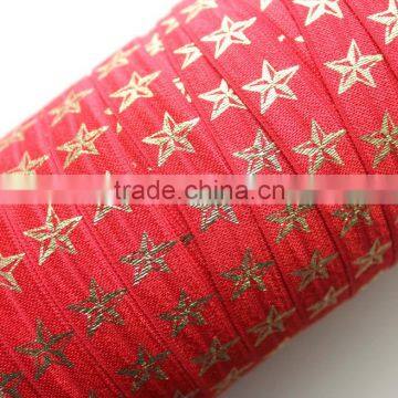 5/8" Fold Over Elastic Red with Gold Stars - Pattern, Metallic, Printed Elastic Band