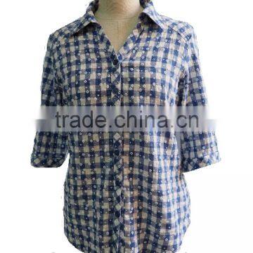 Check Plaid With Flower Print Soft Point Collar and Box Pleated Back Yoke Button Down Cotton Ladies Shirt Blouse Top