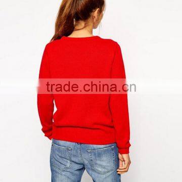 Merry Christmas Ladies Knitwear Crew Neck Cotton Sweater Red In Stock Women Clothings photo-2