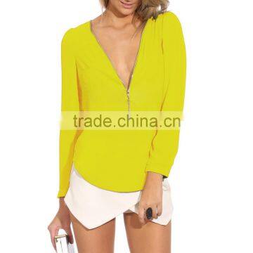 2016 New Fashion Zipper Designs V-neck Women Chiffon Shirt Blouse Long-sleeve Top Clothings photo-6