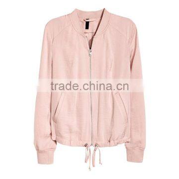 Khaki Green Soft Ribbed Collar Zip Bomber Jacket Womens Thin Coats and Jackets photo-6