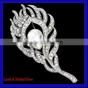 Elegant Silver & Crystal Metal Peacock Feather Brooch