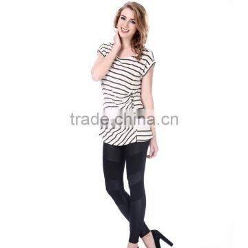 women's stripe pleated button t-shirt