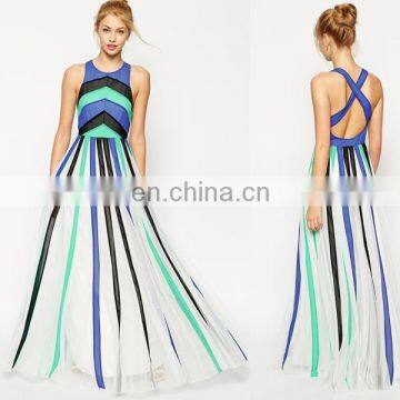 Latest Popular Fashion Cool Chiffon Cross-back Color Block Mesh Panel Prom Dress