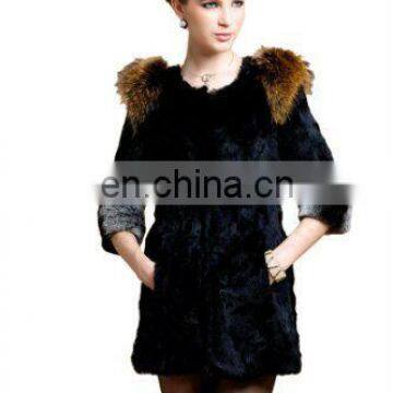 #00C052/long women's 100% real genuine rabbit fur coat jacket with raccoon trim with round collar