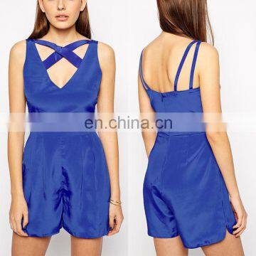 2016 hot sale OEM new fashion customized cross front flared women blue jumpsuit