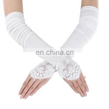 Grace Karin Womens 19" Lace Embellished Pleated Black And White Color Fingerless Gloves Bridal Wedding Gloves CL010471 photo-5