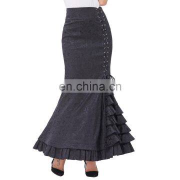 Belle Poque Women Vintage Retro Victorian Style Ruffled Jacquard Fishtail Mermaid Black Long Maxi Skirt BP000204-1