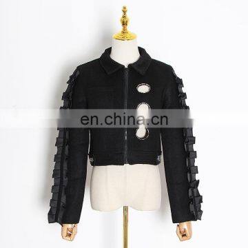 TWOTWINSTYLE Elegant Patchwork Ruffle Lapel Collar Long Sleeve Hollow Out Coat Female