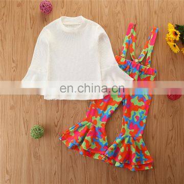 Autumn Winter Baby Girls 2pcs Outfit Ribboned Bamboo Tops + Tie-Dye Bell Pants Bottom 2 Pcs Suspender Set photo-2