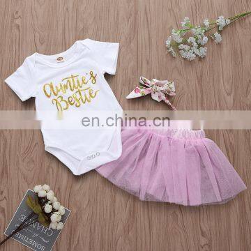 2019 Cotton infant Short Sleeve White Bodysuit + Girl tutu Skirt + Newborn Headband Infant 3Pcs/Set