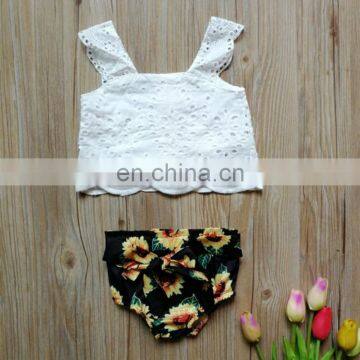 Baby Girls Sunflowers Outfit Summer Toddler White Lace Tops & Shorts 2pcs Set for 0-3T photo-2
