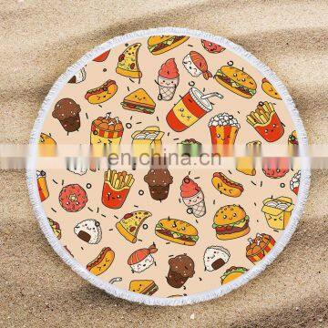 Junk Food Beach Towel Blanket With Tassels Burgers Pizza Fast Food Print Teens Girls Fashion Round Yoga Funny Food Blanket photo-2