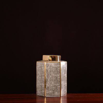 Hexagon White Porcelain Unique Black Gold Ceramic Vase For Model Room Decor photo-4