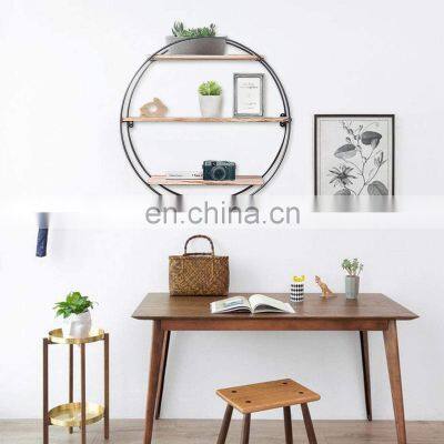 Instagram Style Circle Rustic Wood with metal frame Floating Shelves for Bedroom wooden wall shelf