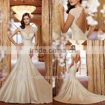 Hot Sale V-neck Lace Applique Mermaid Satin Open Back Wedding Dress