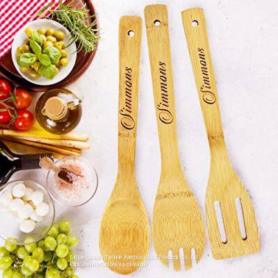 bamboo cooking spoons set with logo carved,bamboo utensil set personalized logo