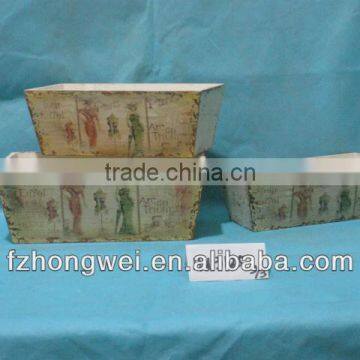 HONGWEI Handmade Antique Blue Rectangular Solid Wood Flower Pot/Planter with High Quality for Garden Decor,Durable&Eco-friendly