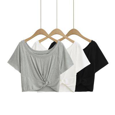 Big neckline off shoulder short sleeved t-shirt for women, 2025 new summer knot high waist sexy crop top