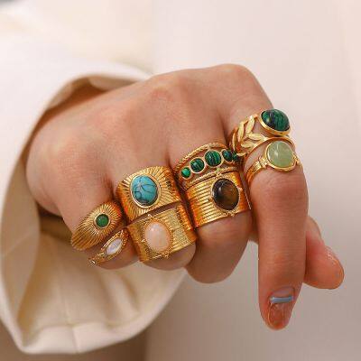 Vintage Gold Plated Gemstone Rings Set for Women Adjustable Stackable Boho Rings Stainless Steel Fashion Jewelry Wholesale photo-2