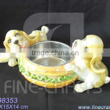 Resin dogs figurine pet feeder with stainless steel bowl